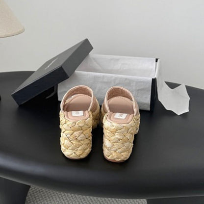 Chanel Quilted Interlocking CC Straw Platform Mules in light pink.