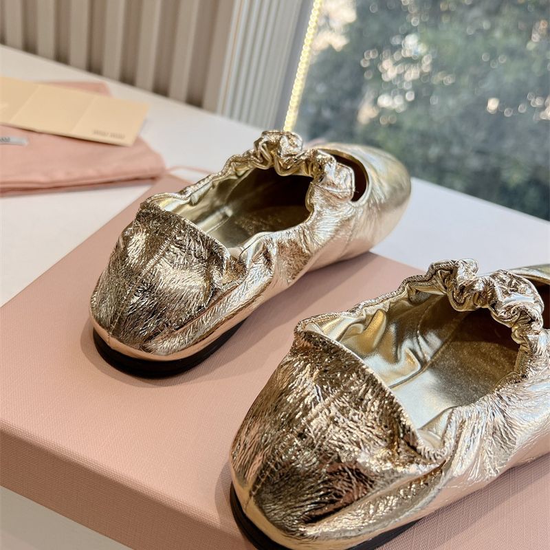 Miu Miu Gold Ruches Nappa Leather Ballerinas (ballet flats)