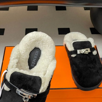 Hermès Carlotta Mules in a cozy shearling variation.