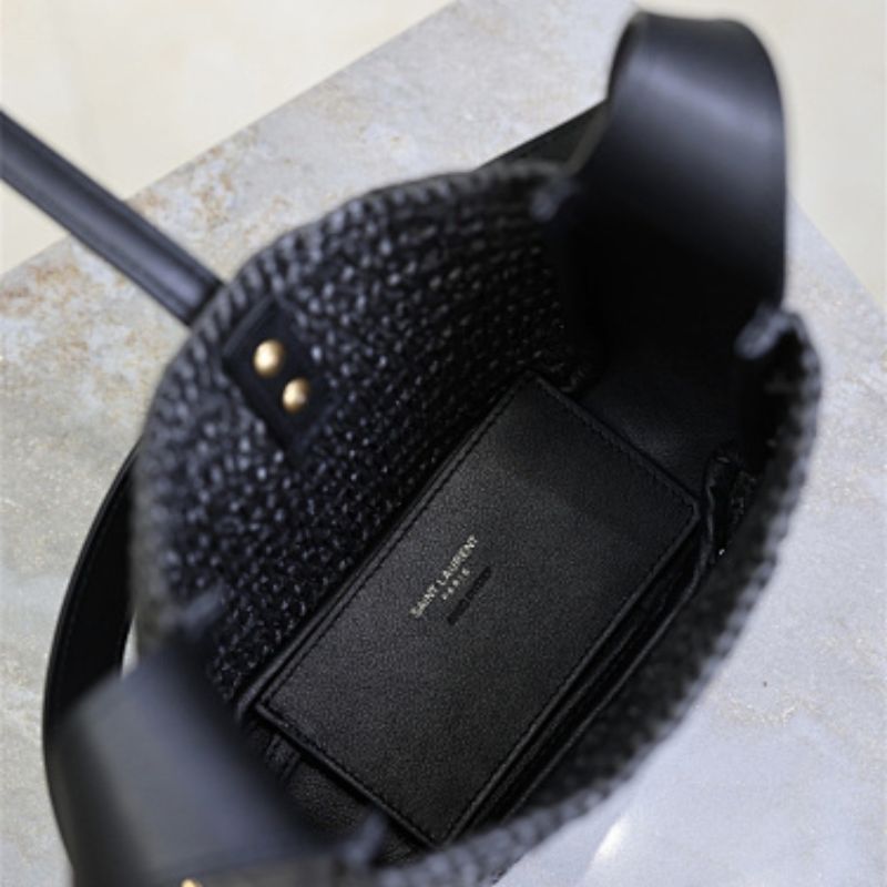 Saint Laurent Le 5 à 7 Soft Hobo bag in black crocheted raffia.