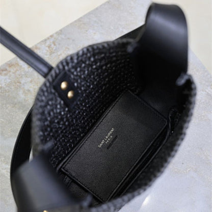 Saint Laurent Le 5 à 7 Soft Hobo bag in black crocheted raffia.
