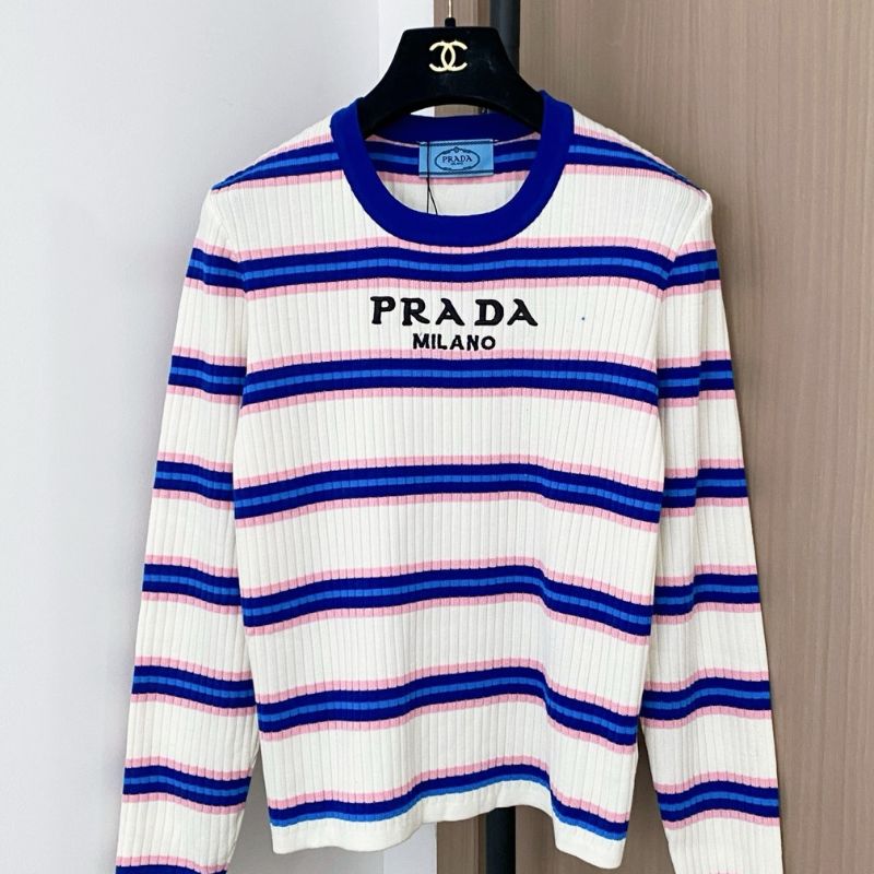 Prada ribbed knit crew-neck sweater with a striped pattern