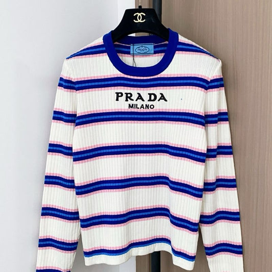 Prada ribbed knit crew-neck sweater with a striped pattern