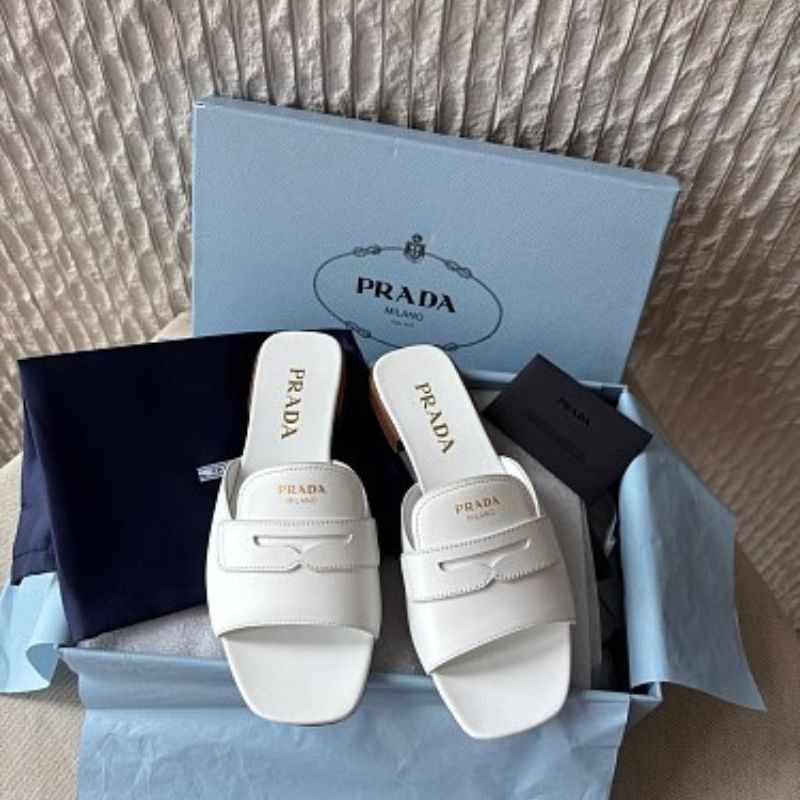 Prada Soft Leather Chocolate Slide Sandals in white