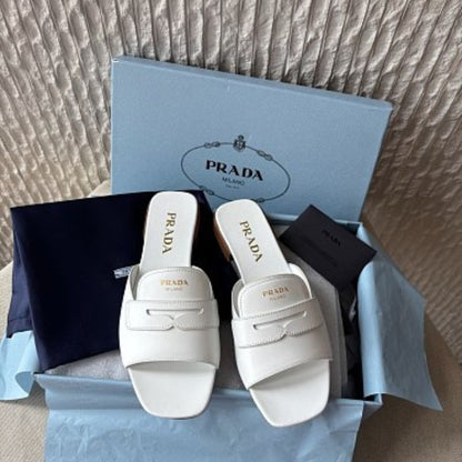 Prada Soft Leather Chocolate Slide Sandals in white
