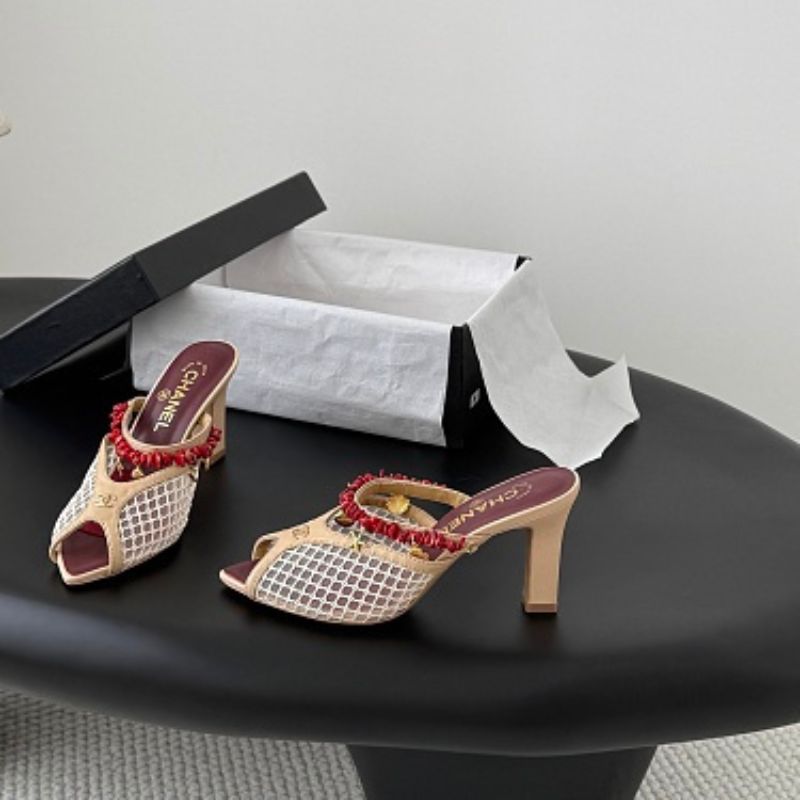 Chanel Coral Charm Mesh Open-Toe Mules in beige and burgundy.