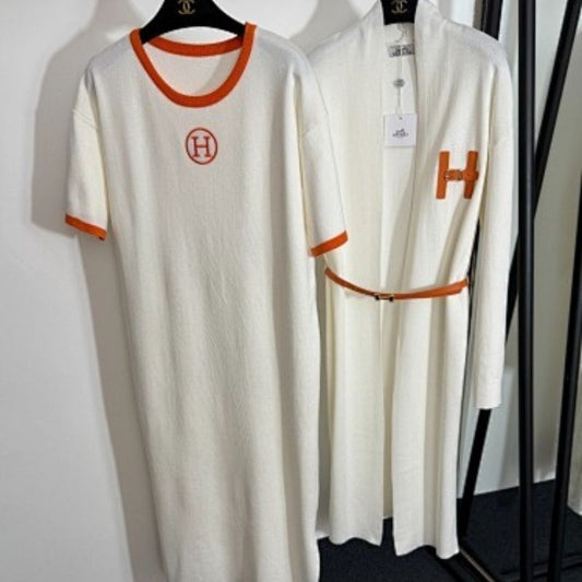 Hermès white t-shirt dress and long cardigan set with orange trim