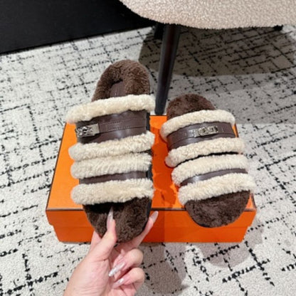 Hermès  multi-tonal design with dark brown fur slippers