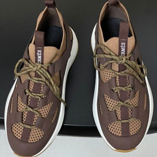 Hermès Katana Sneakers in brown calfskin and knit mesh