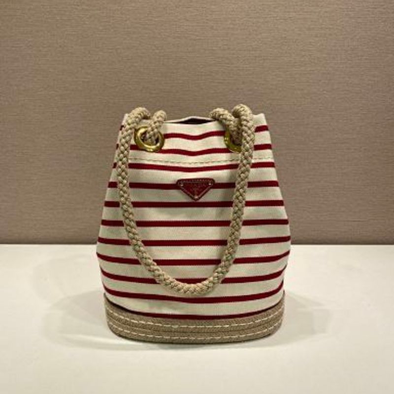 Prada Striped Canvas and Rope Bucket Bag in red