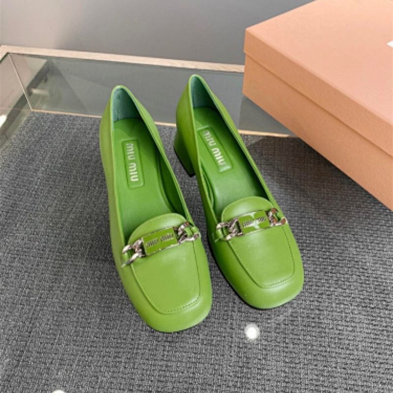 Miu Miu Leather Loafers in Fern Green