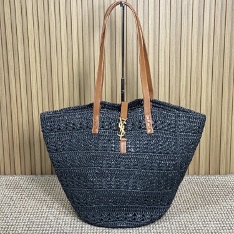 Saint Laurent Panier Medium YSL Tote Bag in black raffia.