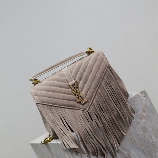 Saint Laurent College Medium Chain Bag in beige suede.