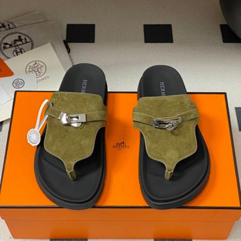 Hermès Empire Sandals in olive green suede.