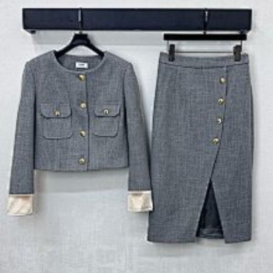 Celine women's grey tweed skirt suit
