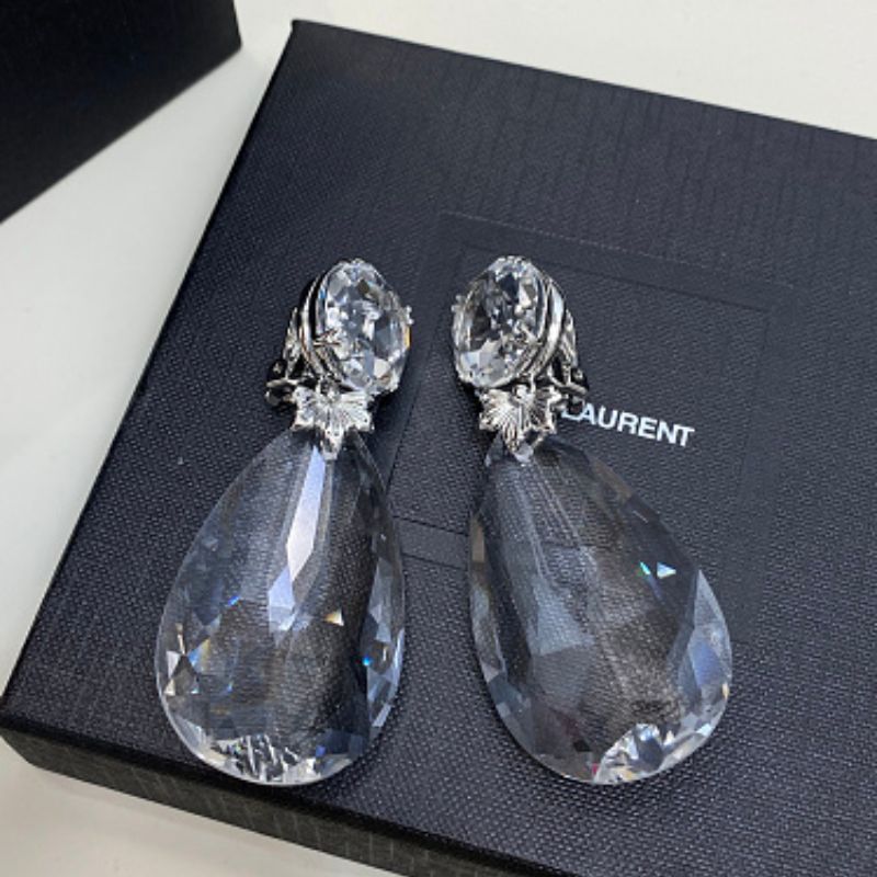 Saint Laurent Clear Crystal Waterdrop Clip-On Earrings