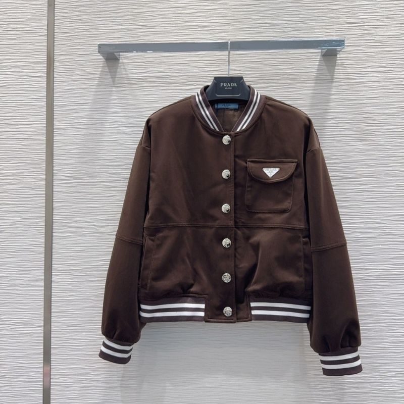 Prada varsity-style bomber jacket in a brown color.