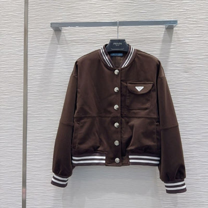 Prada varsity-style bomber jacket in a brown color.