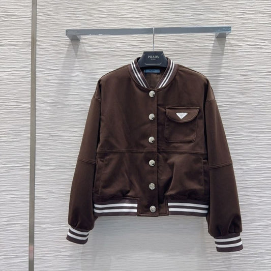 Prada varsity-style bomber jacket in a brown color.