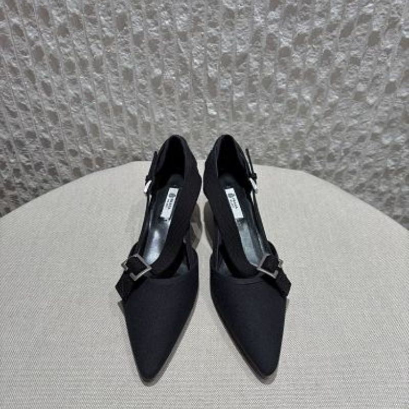 Prada Asymmetric Canvas Strap Buckle Pumps.