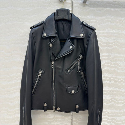 black leather moto jacket.