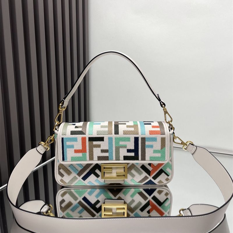 Fendi Baguette natural-colored canvas with a raised, embroidered FF motif bag
