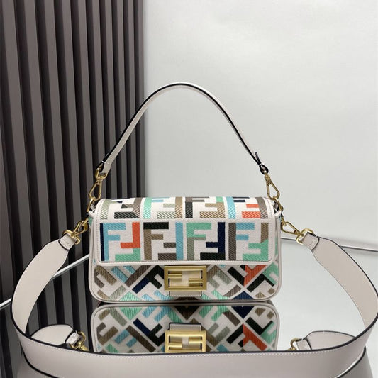 Fendi Baguette natural-colored canvas with a raised, embroidered FF motif bag