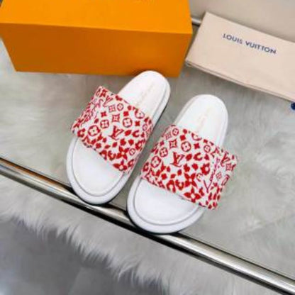 Louis Vuitton Pool Pillow Comfort Mules in a white and red