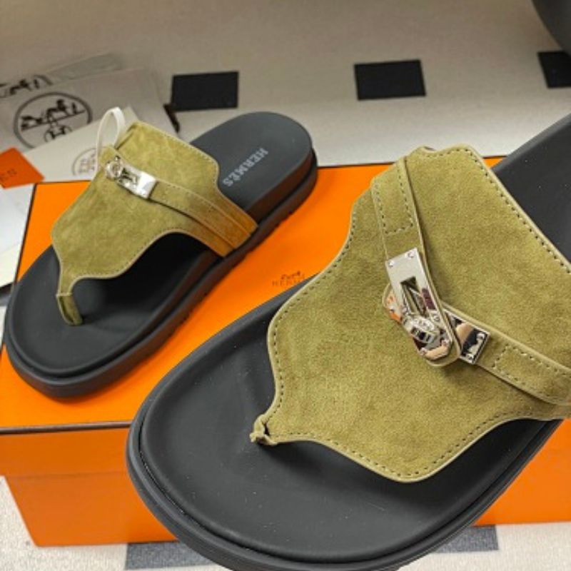Hermès Empire Sandals in olive green suede.
