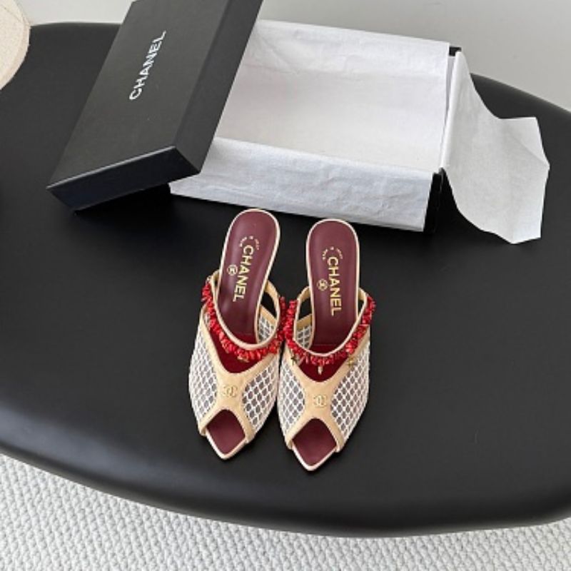Chanel Coral Charm Mesh Open-Toe Mules in beige and burgundy.
