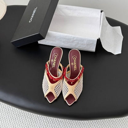 Chanel Coral Charm Mesh Open-Toe Mules in beige and burgundy.
