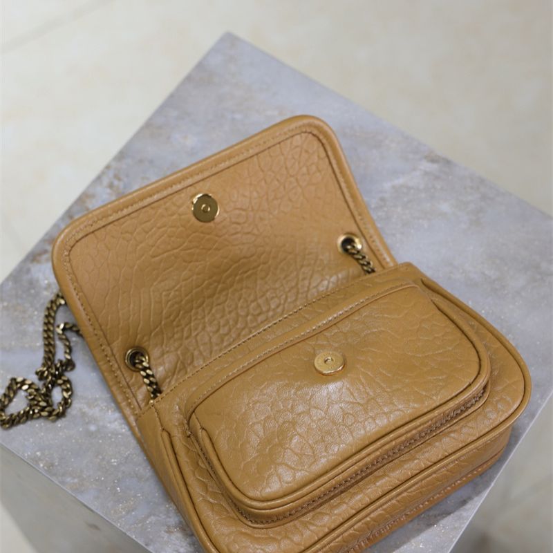 Saint Laurent Niki Flap Bag in a tan or brown pebbled leather