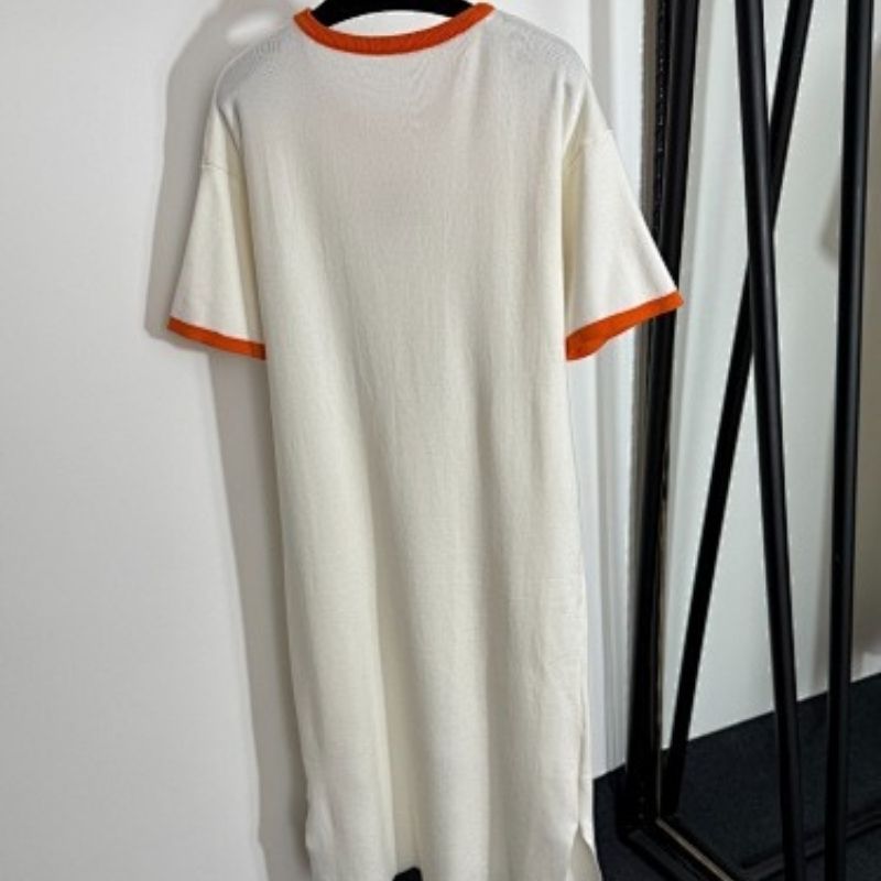 Hermès white t-shirt dress and long cardigan set with orange trim