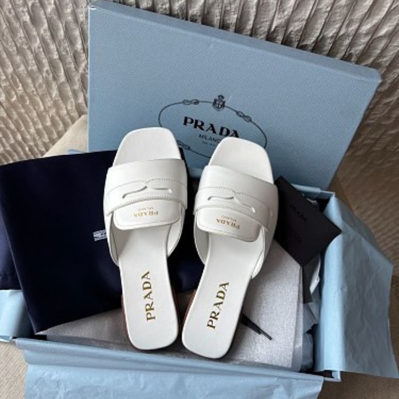 Prada Soft Leather Chocolate Slide Sandals in white