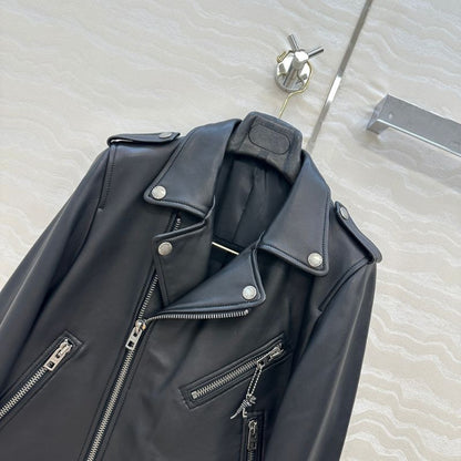 black leather moto jacket.