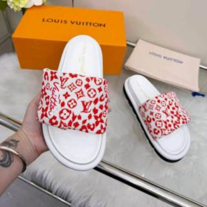 Louis Vuitton Pool Pillow Comfort Mules in a white and red