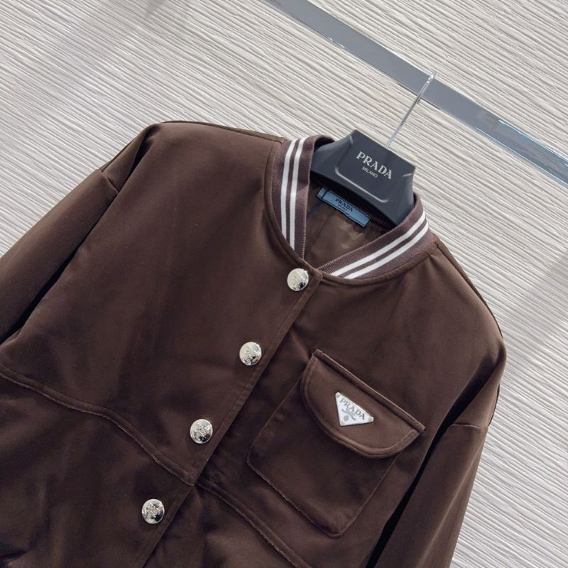 Prada varsity-style bomber jacket in a brown color.