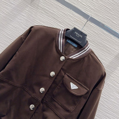 Prada varsity-style bomber jacket in a brown color.