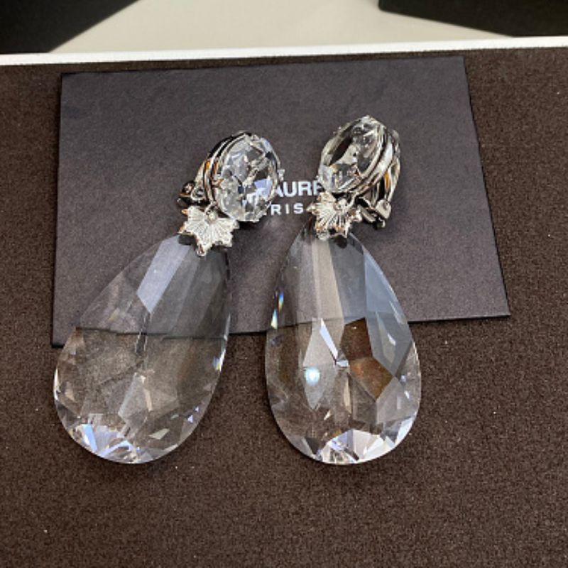 Saint Laurent Clear Crystal Waterdrop Clip-On Earrings