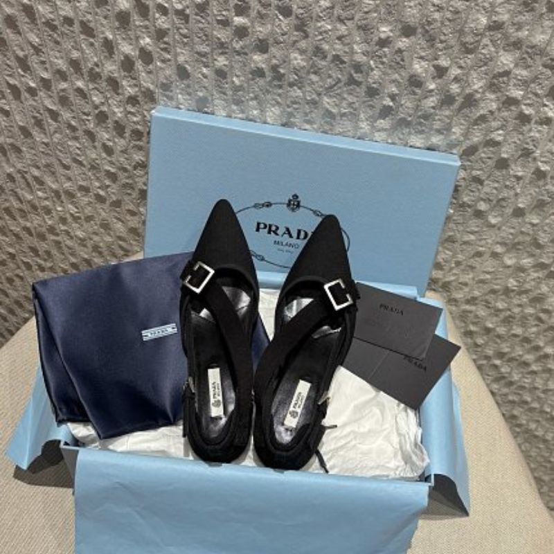 Prada Asymmetric Canvas Strap Buckle Pumps.