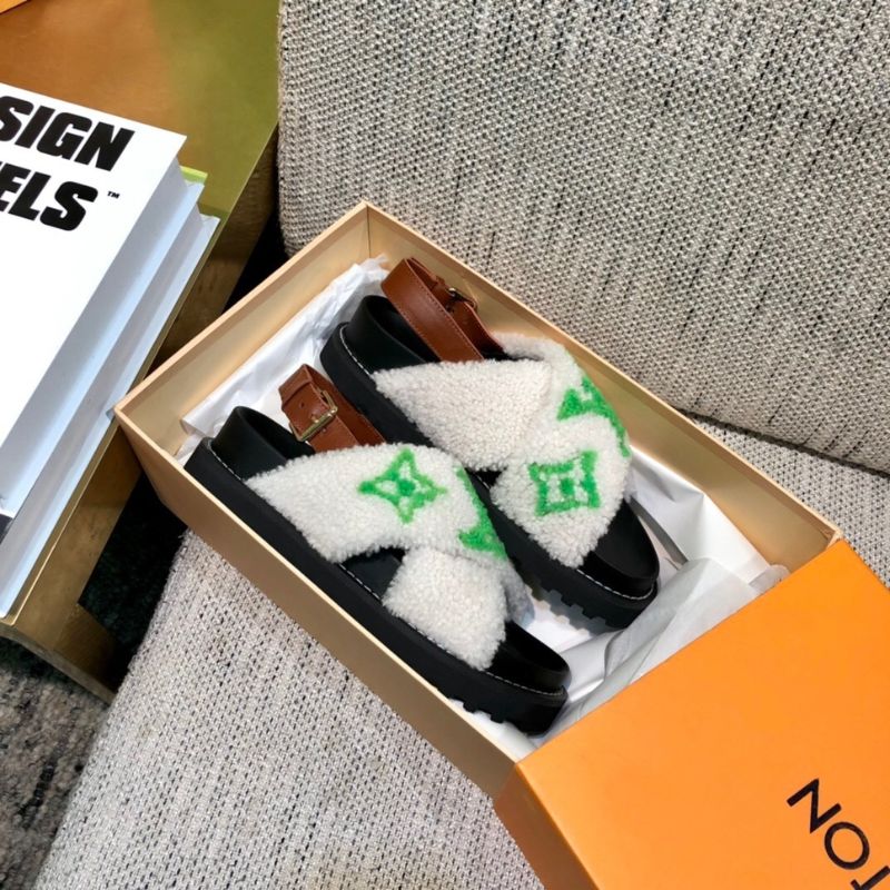 Louis Vuitton Paseo Flat Comfort Sandal with a green logo in shearling