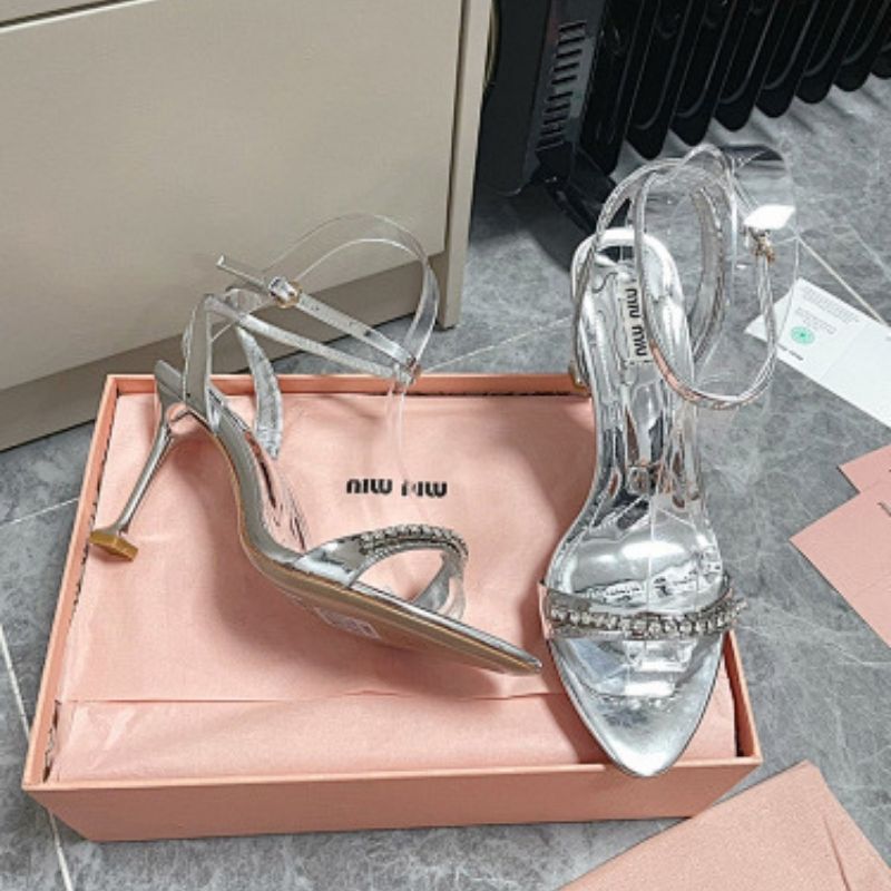 Miu Miu Metallic Leather Sandals with Crystal-Embellished Straps.