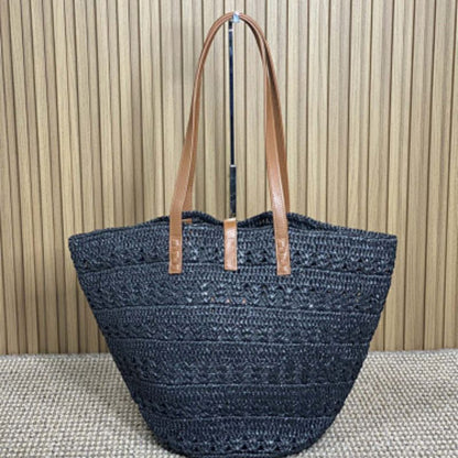Saint Laurent Panier Medium YSL Tote Bag in black raffia.