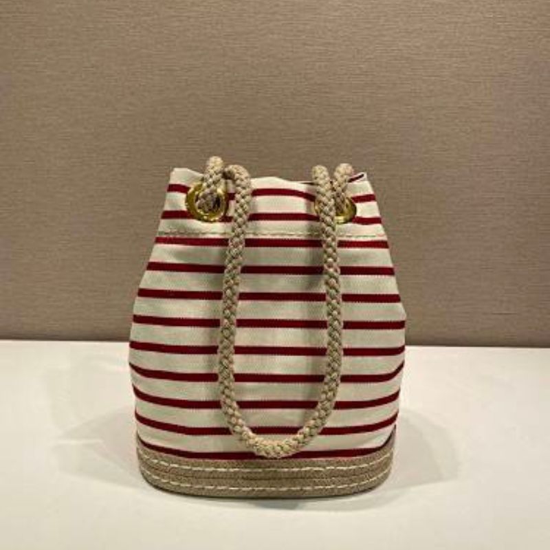 Prada Striped Canvas and Rope Bucket Bag in red