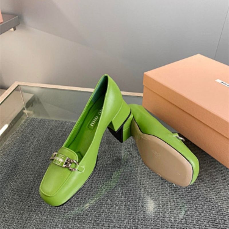 Miu Miu Leather Loafers in Fern Green