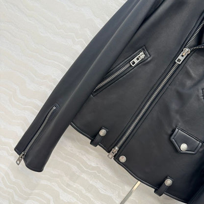 black leather moto jacket.
