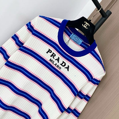 Prada ribbed knit crew-neck sweater with a striped pattern