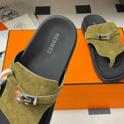 Hermès Empire Sandals in olive green suede.