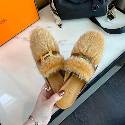 Hermès Cozette Mules in tan/naturel mink fur,