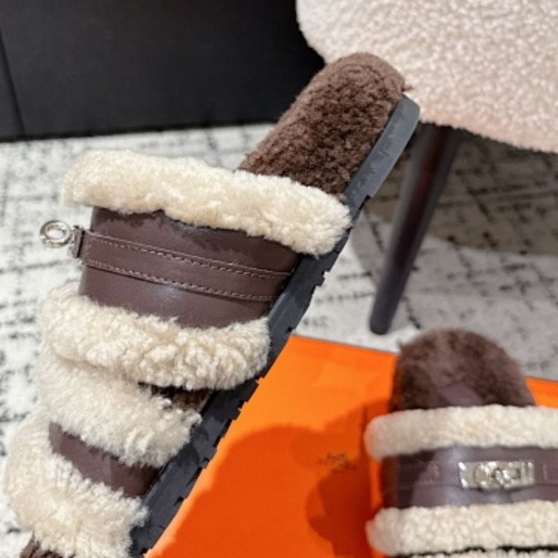 Hermès  multi-tonal design with dark brown fur slippers